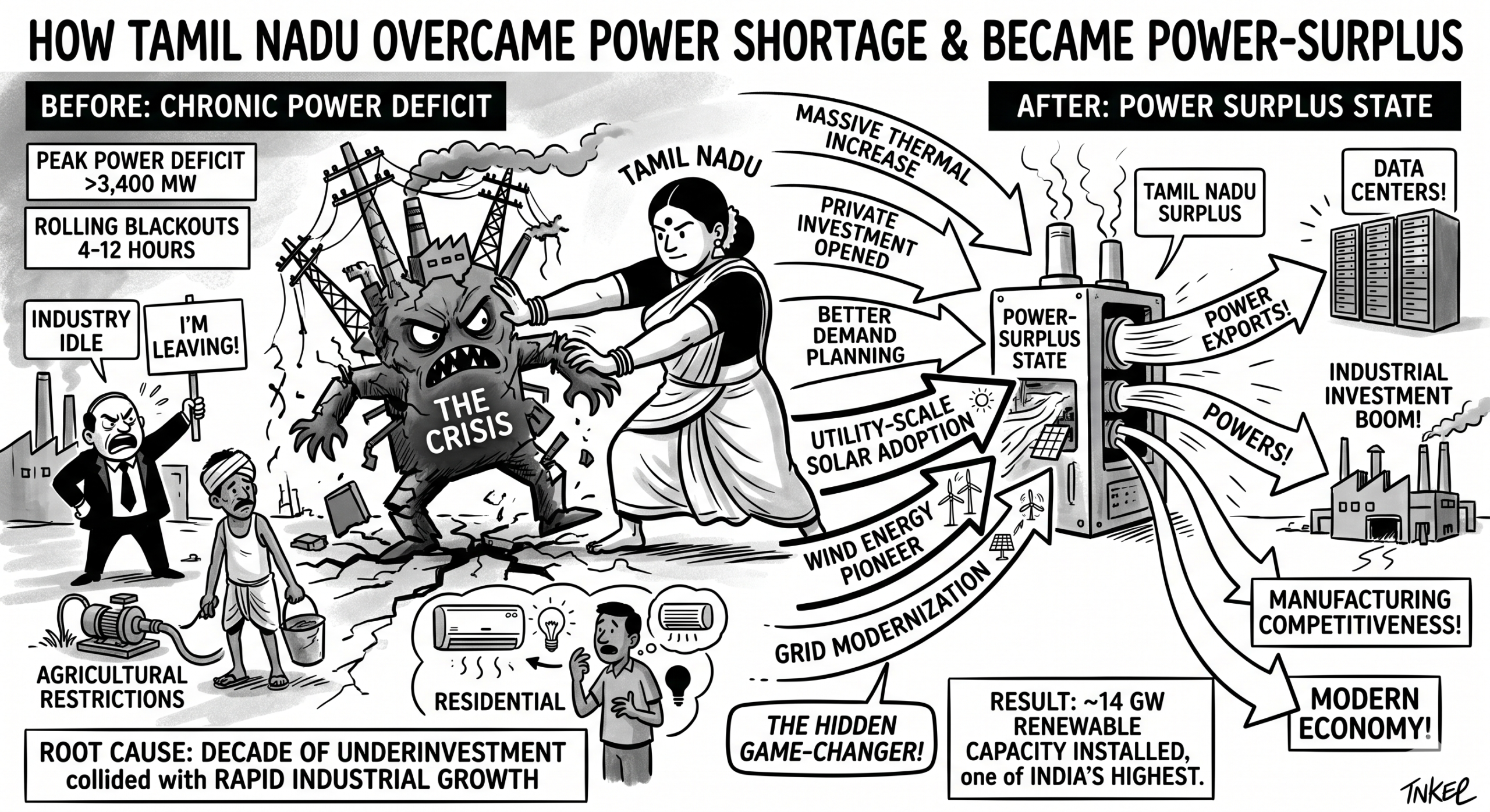 Tamil Nadu power surplus, Tamil Nadu electricity crisis, Tamil Nadu power shortage history, Tamil Nadu renewable energy, Tamil Nadu wind energy, TANGEDCO reforms, Tamil Nadu electricity sector, power generation Tamil Nadu, Tamil Nadu solar energy, India power sector success story, Tamil Nadu energy policy, Tamil Nadu industrial growth electricity, power infrastructure Tamil Nadu, Tamil Nadu energy transition, Tamil Nadu electricity demand.