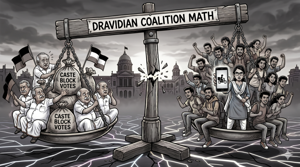 A detailed political caricature illustration the Hung assembly situation in Tamil Nadu elections 2026. In the centre, a giant, old wooden weighing scale labeled "Dravidian Coalition Math" is visibly cracking and tilted out of balance. On one side of the scale sit traditional political figures resembling senior Tamil Nadu politicians, frantically stacking heavy sacks labeled "Caste Block Votes" and waving party flags. On the opposite side, a massive, vibrant crowd of energetic, modern Indian youth wearing casual clothes and backpacks are sitting on the scale, completely outweighing the old guard. One young graduate in the front is holding a smartphone showing a gig-economy delivery app icon, looking determinedly toward the viewer. The background is a dramatic sunset over a stylized outline of the Tamil Nadu Secretariat building, with a multi-polar web of neon energy lines fracturing the ground. New alliances are a new era.